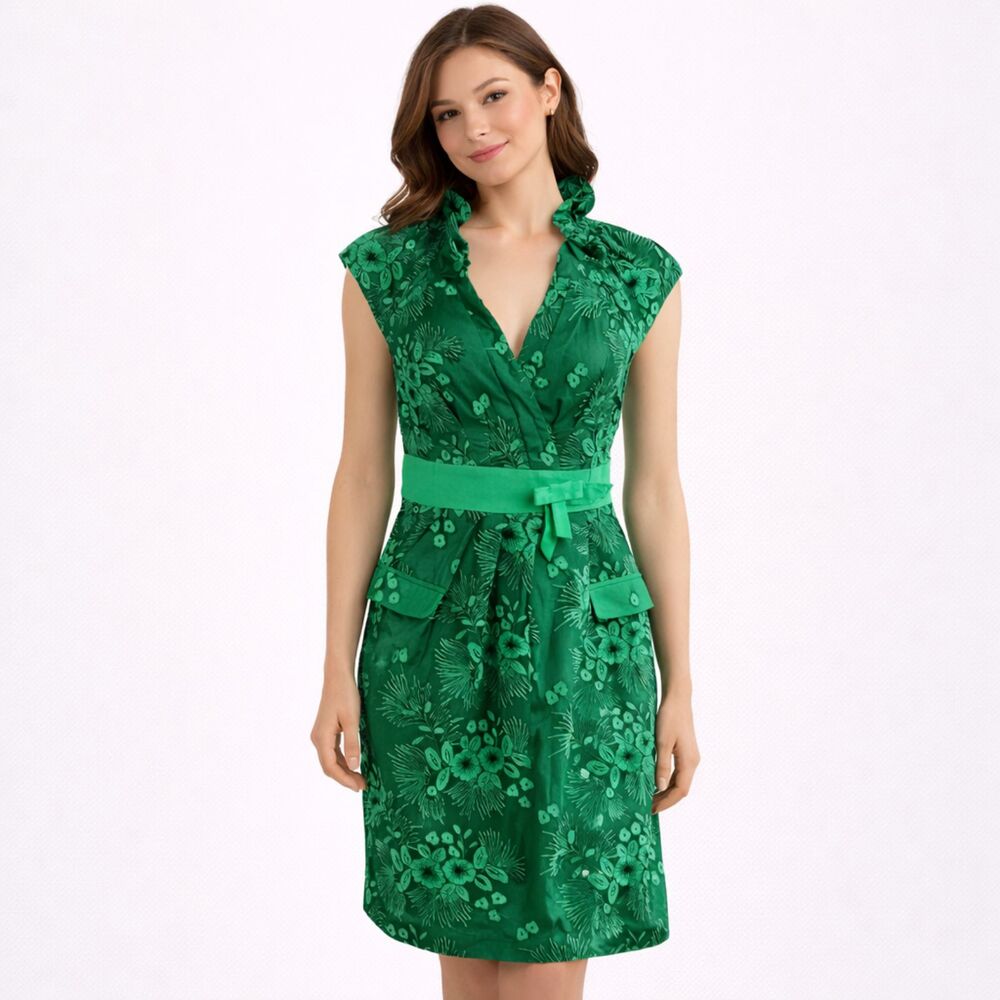 Eva Franco Ruffle Collar Surplice Neckline Mini Dress Green Black 8